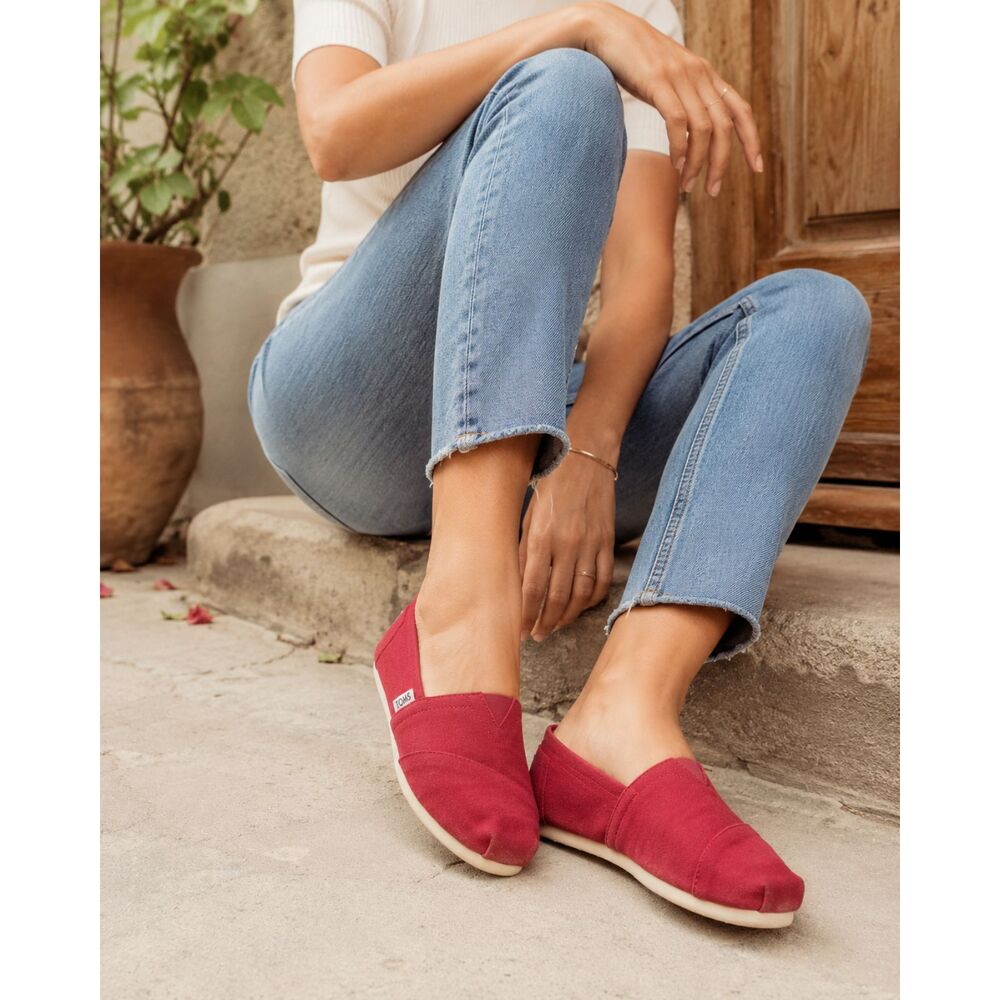 TOMS Alpargata Loafers Womens 7 Shoes Red Canvas Slip On Flats Elephant Lining